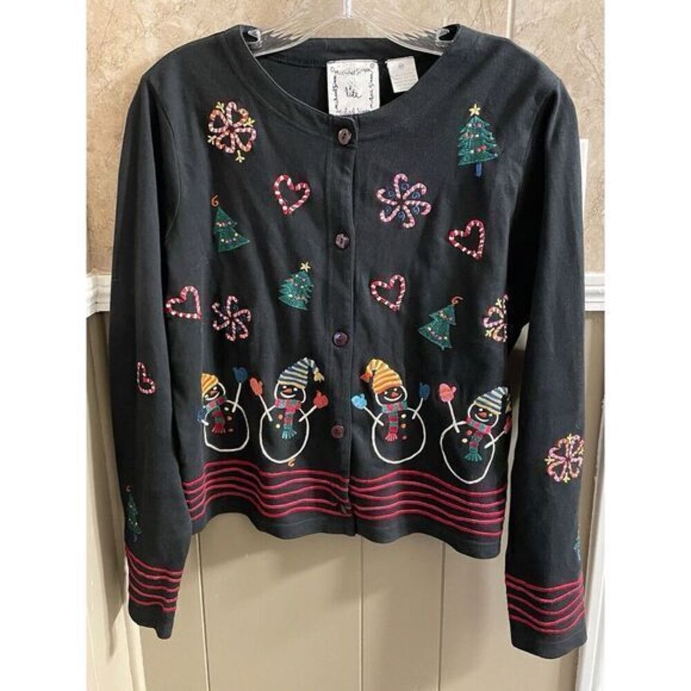 MICHAEL SIMON Sweater Womens Medium Snowman Christmas Sequin Black